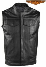 Men's Motorcycle Collared Leather Vest with Zippered  Button-snap Front Closure
