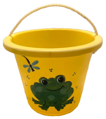 Yellow Plastic 8.5'' Child's Pail Hand Painted/Signed Green Frog/Blue Dragonfly