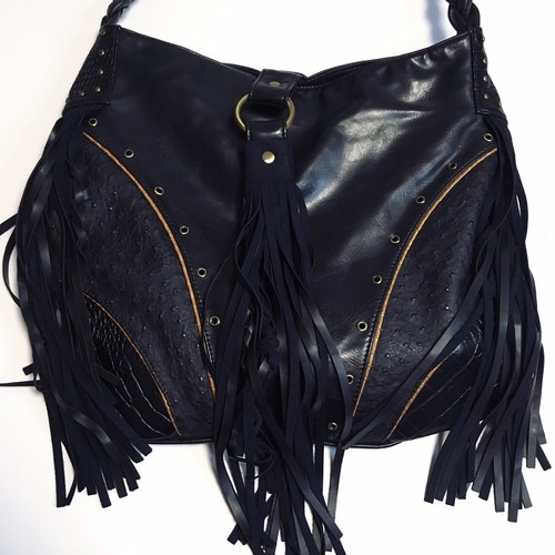 Women’s Black Large Shoulder Bag Faux Leather Tassel Boho Style - Picture 3 of 9
