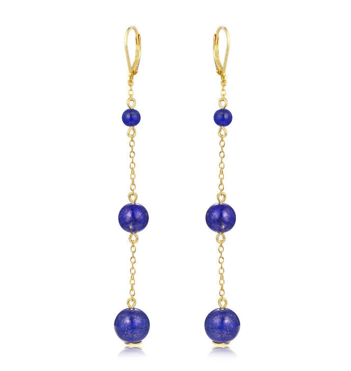 B09 Orecchino Lapislazzuli Blu Gocce Sfere Argento Sterling 925 Placcato Oro - Immagine 3 di 4