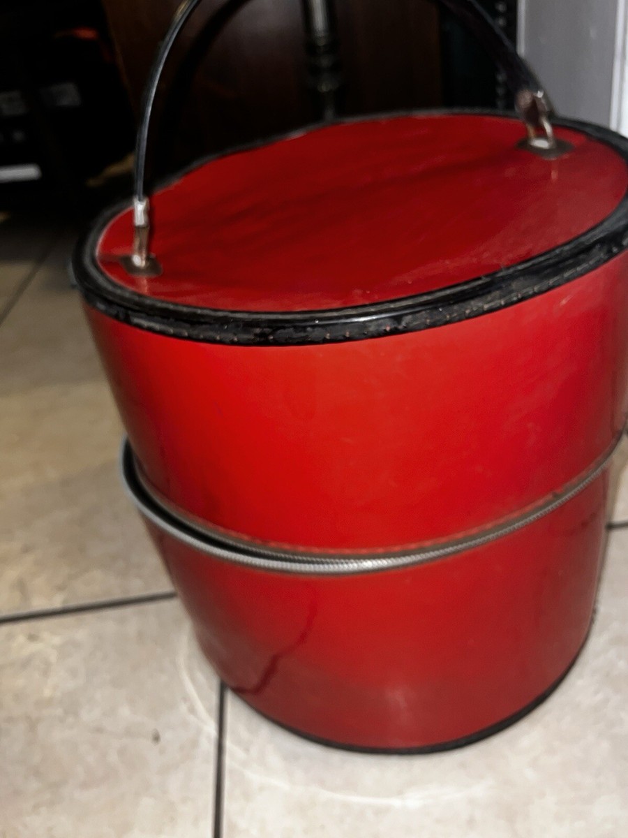 Vintage Ladies Hat Box Red Patent Leather With Handle 13 X 