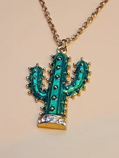 New ZAD Signed Cactus Green Enamel Necklace Gold Tone W Crystals 19" FREE SHIP!