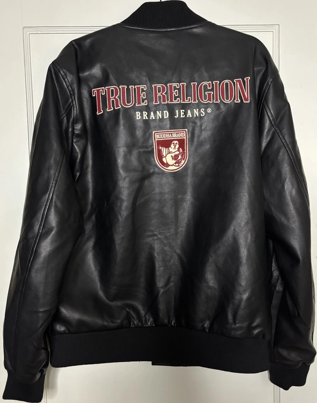 True Religion Men's Black Varsity Jacket PU Leather Snap Embroidered Logo L - product detail image 4
