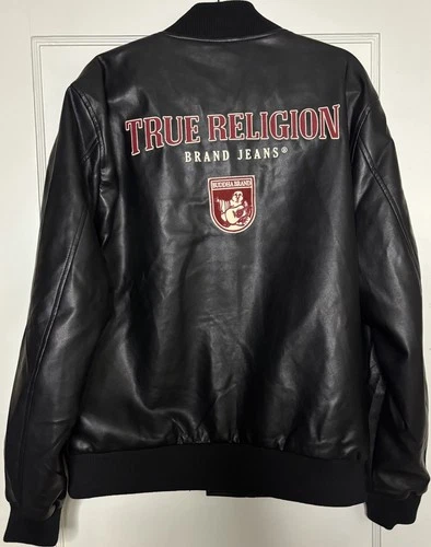 True Religion Men's Black Varsity Jacket PU Leather Snap Embroidered Logo L image 4