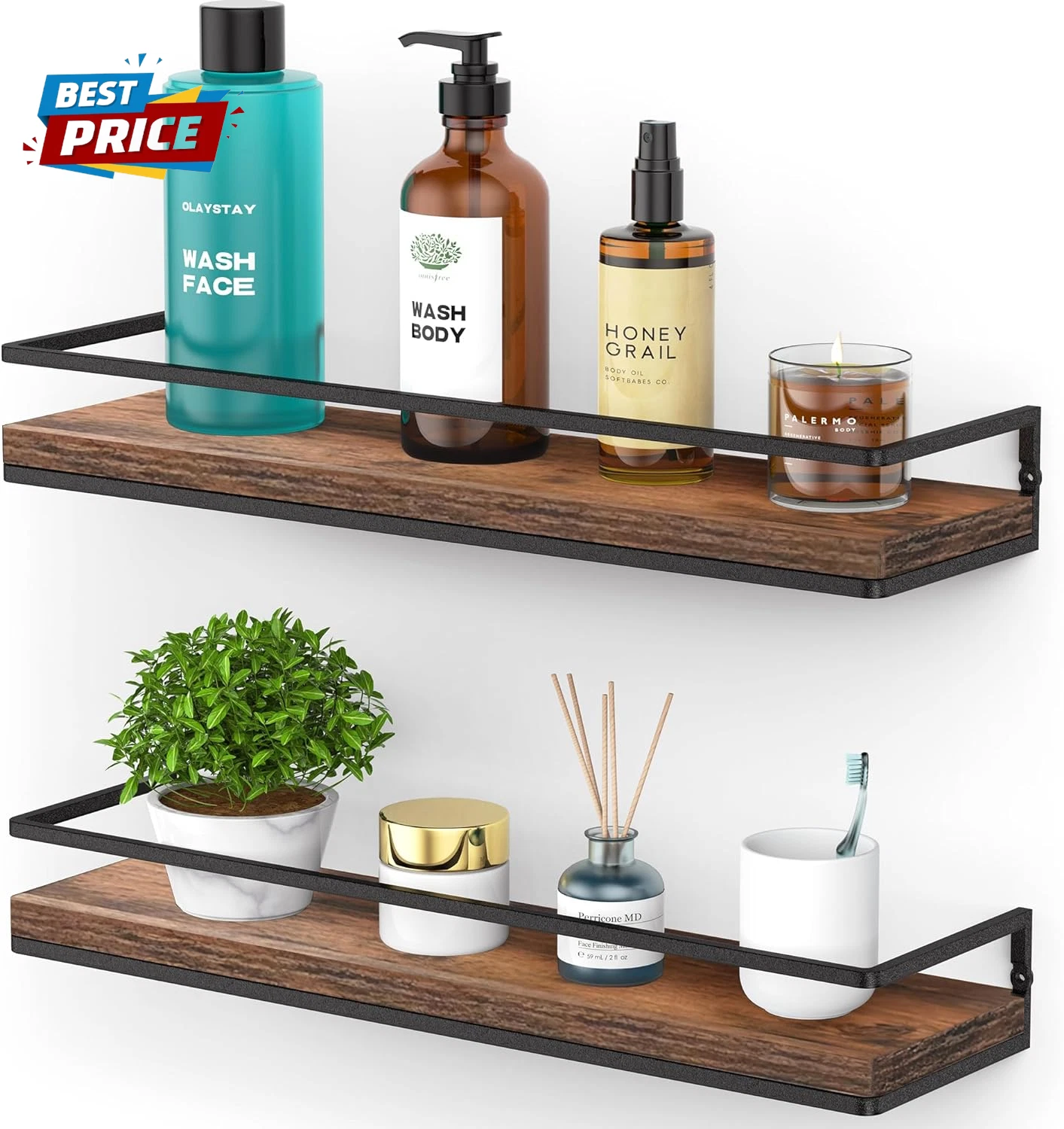 Floating Shelves Wall Mounted Set of 2, Rustic Wood Wall Storage Shelves for Bed