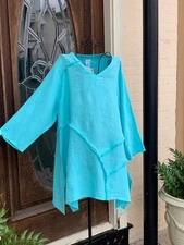 HLT721 1X Aqua NWT Match Point Linen Shirt Tunic Pull Over Raw Edge NEW Blue