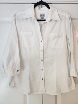 Chicos Womens White Blouse Crisp Size M Chicos Size 1 Snap Button Closure Cotton