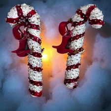 Vintage Japan Elf on Candy Cane Ornaments • 1950s Beaded Sequin Santa Elf Pair •