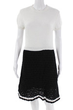 RED Valentino Womens Short Sleeve Crew Neck Crochet Knit Dress Black White Large