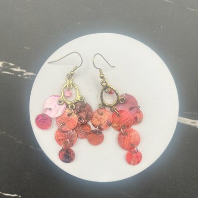 Vintage Y2K Dyed Shell Disc Chandelier Earrings Dangle Boho Fish Hook Jewelry