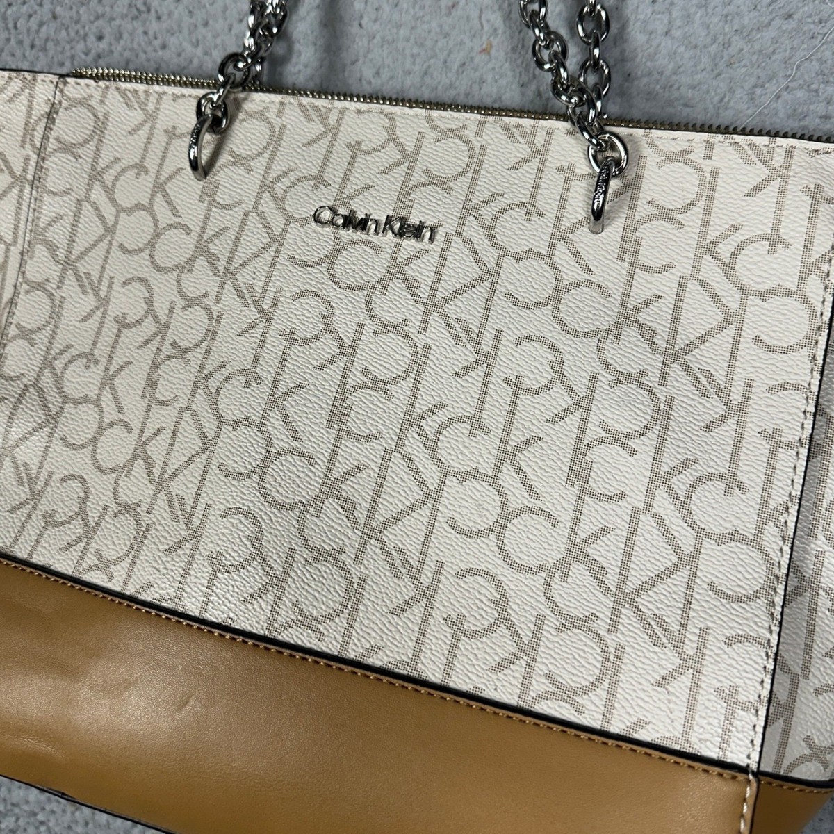 Calvin Klein Womens Tote Bag Cream Tan Monogram CK Logo 