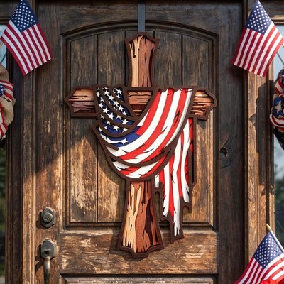 Patriotic Cross Door Hanger Christian 4th of July Decor American Flag Hanging...