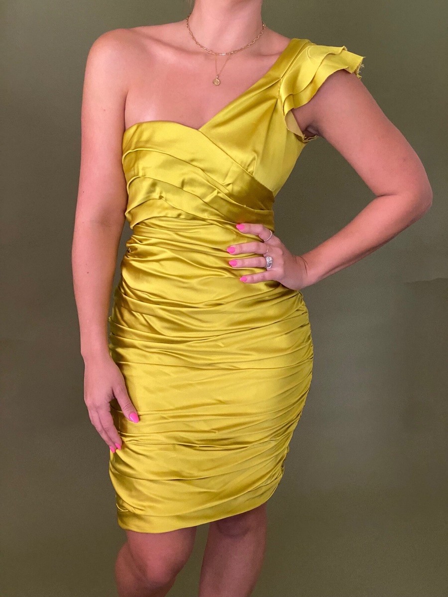 vera wang gold dress Green Silk One Shoulder Ruffle Small In_Store