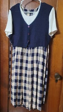 Allison-Che Womens Vintage 90s Dress Navy Blue Cream Checked Navy Blue Vest