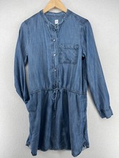 GAP Dress M Tencel Cinched Chambray Button Up Shirtdress Long Sleeve Wash Blue