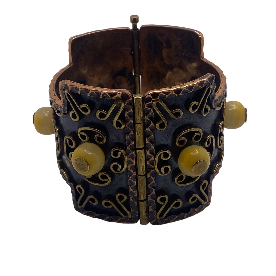 Brazalete Brazalete Modernista Vintage Años 50 México Casa Maya Cobre Martillado Cierre Pin Foto 2 de 4