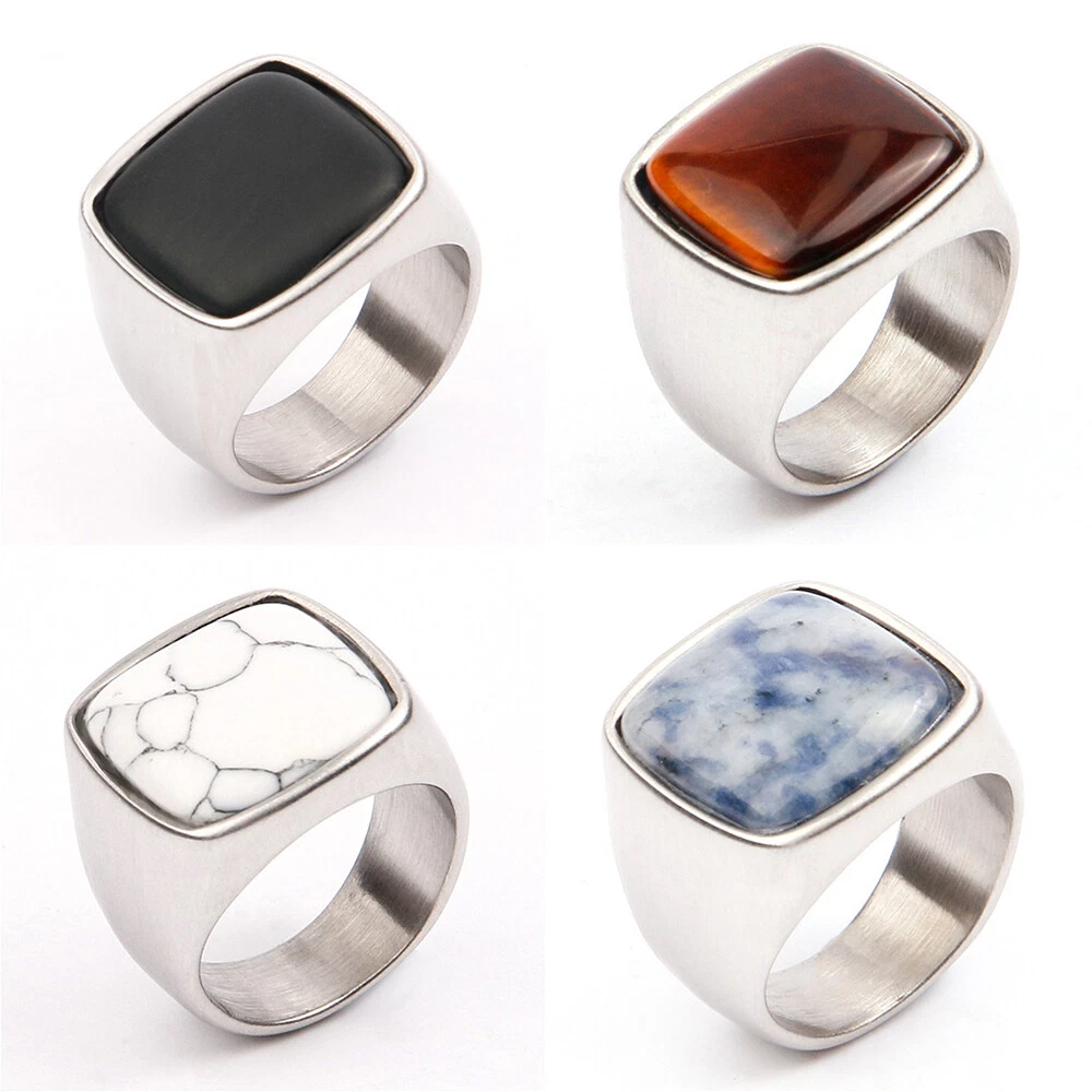 Men Titanium Steel Ring Square Crystal Stone Gemstone Punk Band