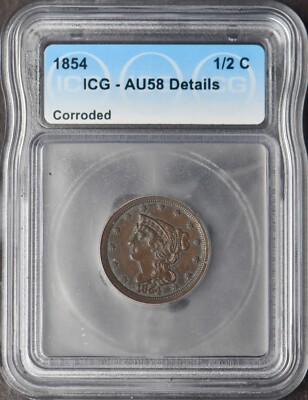 1854 Braided Hair Half Cent - ICG AU58 Details -  COINGIANTS 