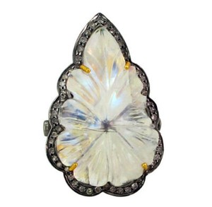 Authentic Natural Rainbow Moonstone Diamond Gold Plated Ring 925 Sterling Silver