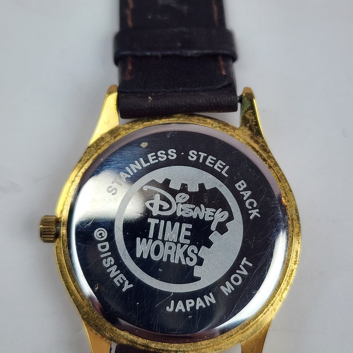 Disney Time Works Watch Vintage Mickey Mouse Gold Tone Brown