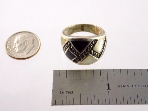 Marsala Sterling Silver Marcasite Black Onyx and Mother of Pearl Ring 925 Sz 7.5 - Picture 10 of 10