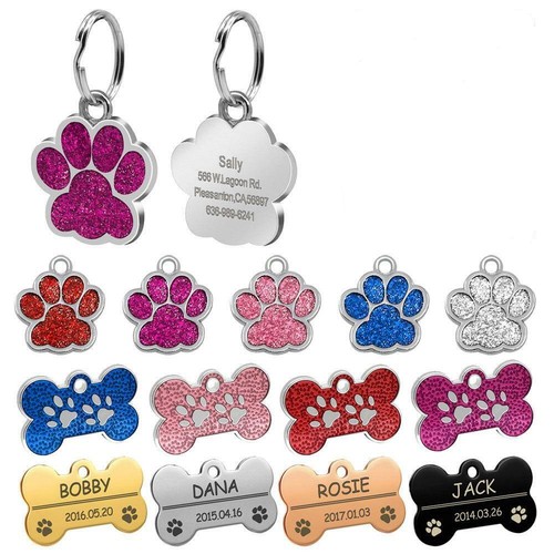 Personalized Dog Tags Engraved Cat Puppy Pet ID Name Collar Tag Bone/Paw Glitter - Picture 1 of 23