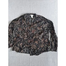 H&M Womens Sz 4 Brown and Black Paisley High Neck Long Sleeve Button Up Blouse