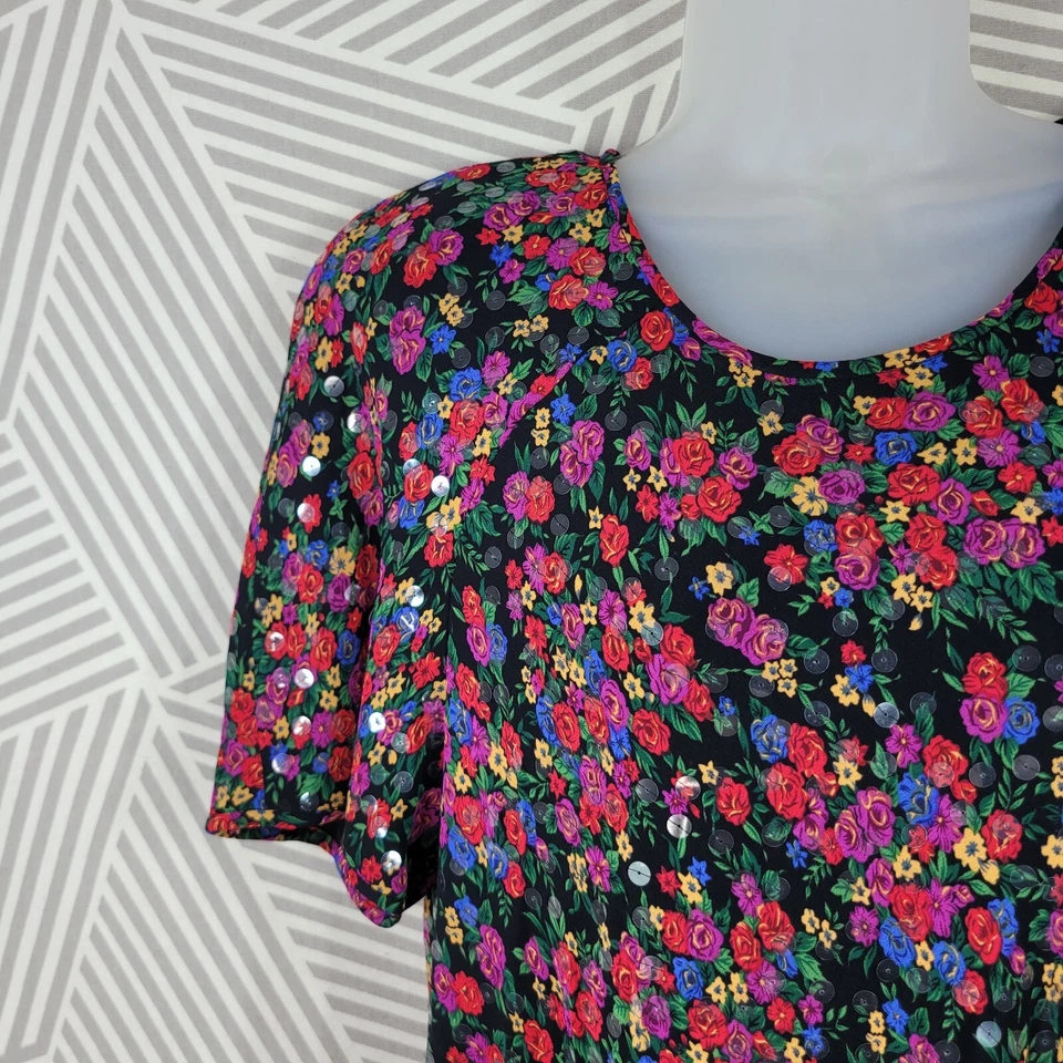 Vestido Camisa Vintage Años 90 Lentejuelas Talla Mediana Grande Floral Grunge Rosa Antiguo Rojo Rosa Foto 4 de 4