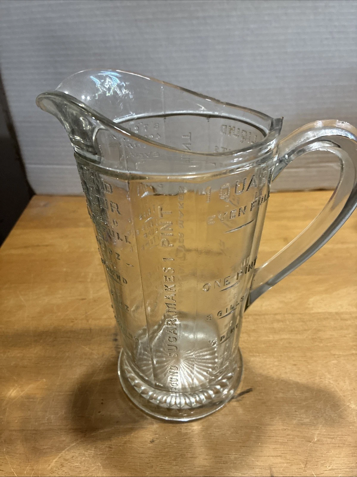 1930'S HOOSIER One Quart Clear Glass Wet Dry Measuring Pitcher