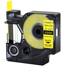 1PK 12mm Black on Yellow Flexible Nylon Label Tape 18490 for Dymo Rhino PRO 1000