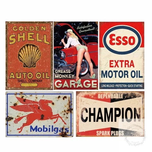 Tin Signs 5 Pieces Reproduction Vintage, Gas Oil Metal Signs, Home Kitchen Man