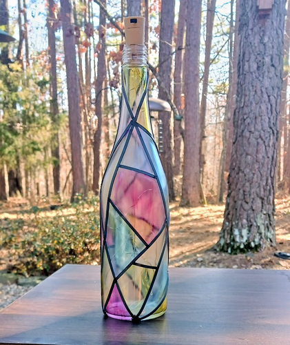 Hand Painted Faux Stained Glass Wine Bottle Lamp w/Fairy Lights-Unique Decor - 第 3/8 張圖片