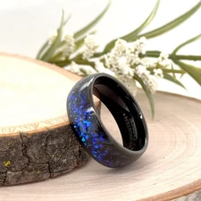 Durable 8mm Black Tungsten Ring Blue Glitter Inlay Unisex Fashion Wedding Band