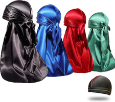 5 Pcs Silky Durag Long Tailed Headwear with Satin Wave Cap for Men