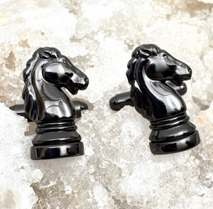 Black Knight Cufflinks Chess Piece Jewelry Bullet Toggle Back Metal Board Game