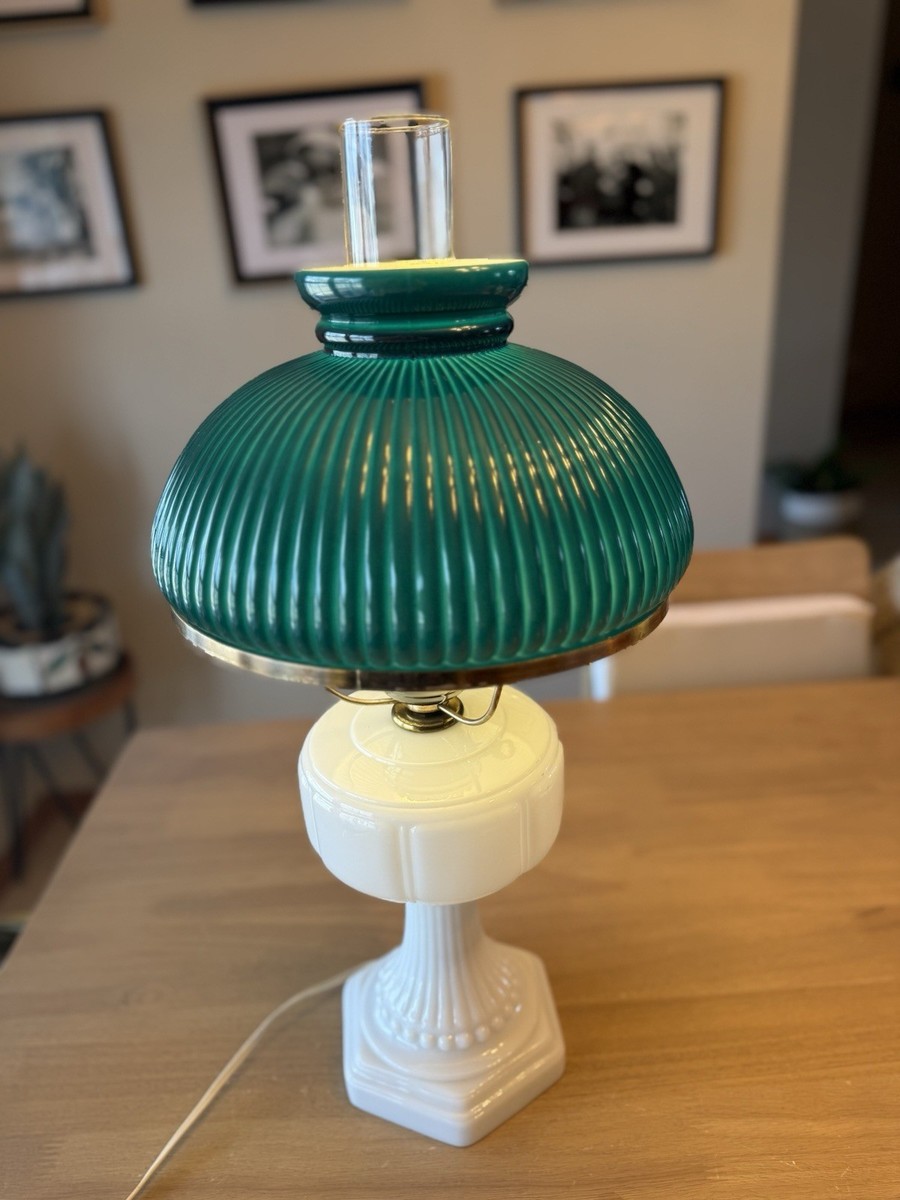 Antique Milk Glass Oil Lamp Rayo Electrified Emerald Green Ribbed