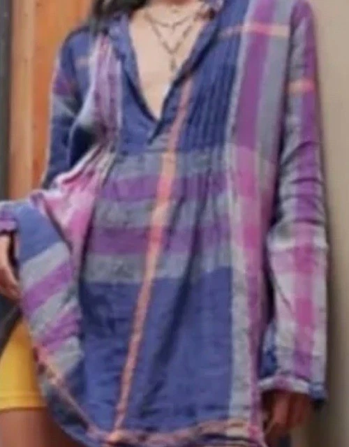 VESTIDO TÚNICA FREE PEOPLE X CP SHADES AZUL MARINO A CUADROS PLISADO YOKO ALGODÓN XS Lino Foto 2 de 4