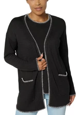 Belle Women's Blanket Stitch Open Front Tunic Cradigan Black
