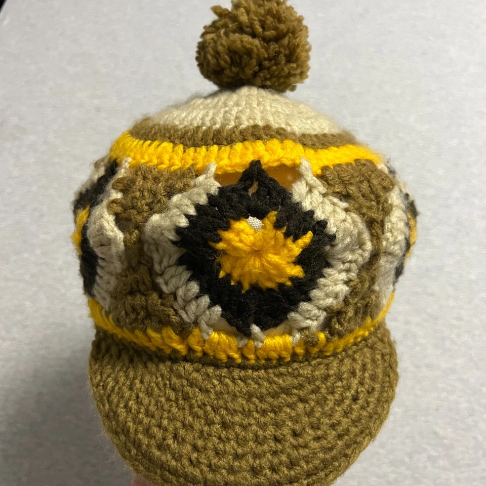 Gorro Vintage Crochet Granny Ala Cuadrada Página Niño Sombrero Amarillo Marrón Años 80 70 Foto 4 de 4