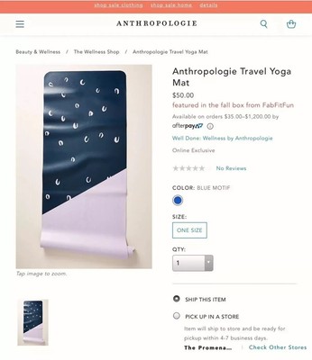Anthropologie Travel Yoga Mat Fabfitfun Lightweight 68 X 24
