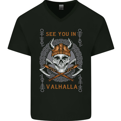 See You in Walhalla Wikingerschädel und Symbole Herren V-Ausschnitt Baumwolle T-Shirt