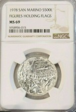 1978 SAN MARINO SILVER 500 LIRE FIGURES HOLDING FLAGS NGC MS 69 RARE TOP POP