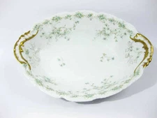 Theo Haviland Limoges France Oval Serving Bowl Green/Blue Flowers Scalloped Gold