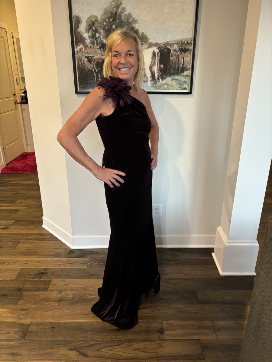 David Meister Velvet Wine Colored One Shoulder Dress