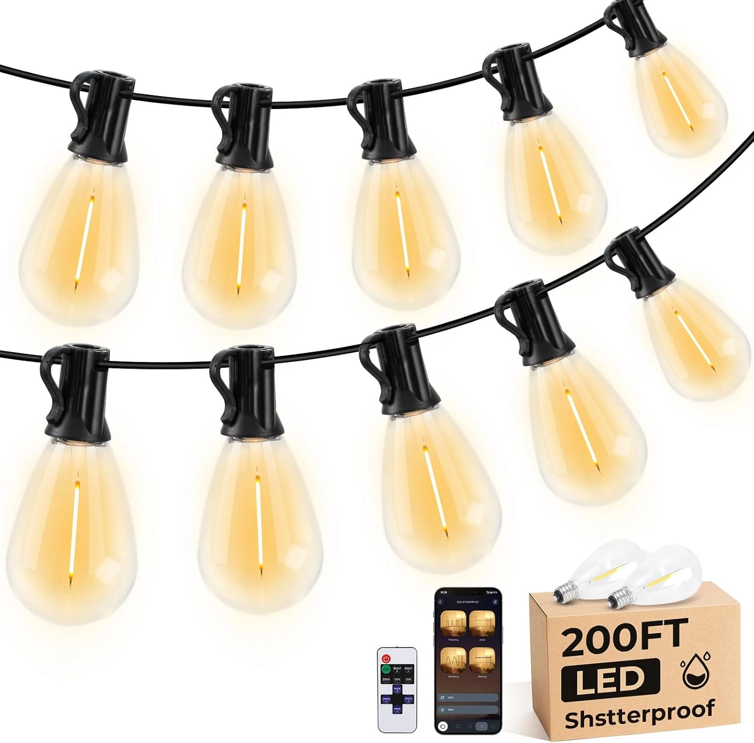 200FT LED Outdoor String Lights with App, Remote & Music Sync - Waterproof