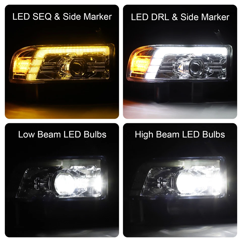 LED Projector DRL Sequential Headlights For 1994-2002 Dodge Ram 1500 2500 3500 - Image 3 of 4