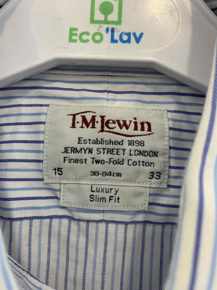 T.M. Lewin Luxury Slim Fit Dress Shirt Blue White Stripe 15 / 33 (M) #C12 - Image 3 of 4