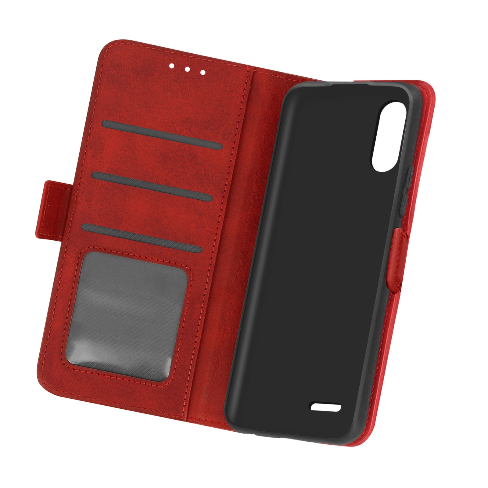 Coque LG K22 clapet rouge antichoc avec fentes pour cartes et béquille vidéo