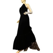 VINTAGE 1980'S BLACK VELVET WITH GOLD LACE TRAIN MAXI DRESS SZ APPX M