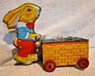 Vintage J Chein Metal Bunny Rabbit with Cart Easter Colorful Original grass?